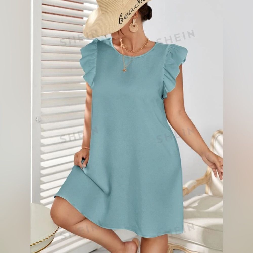 Shein Minimalist Flutter Sleeves Dusty Blue Mini Dress Size 4XL